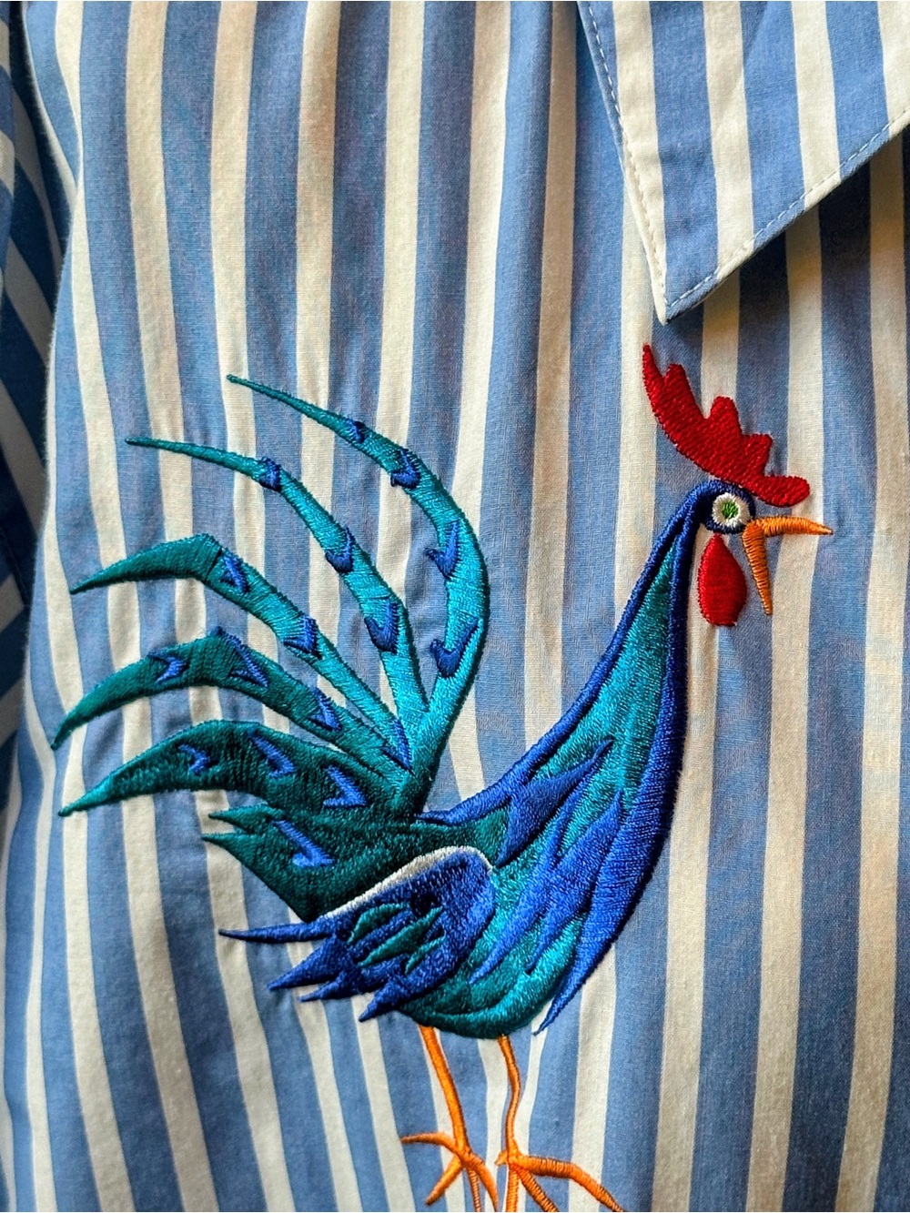 Bob Mackie Light Blue & White Striped Short-Sleeve Shirt with Rooster Embroidery - Picture 3 of 4